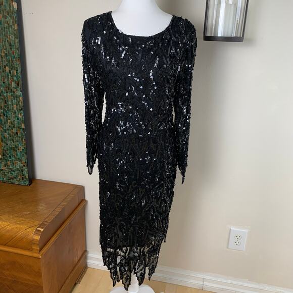 Vintage Sweet Love Black Silk Beaded Sequin Dress Sheer Sleeves L Whimsy Goth - Picture 2 of 12